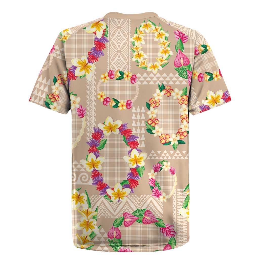 Hawaiian Kakau Tattoo Leis and Palaka Pattern Rugby Jersey Traditional Aloha Tribal Beige Color