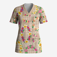 Hawaiian Kakau Tattoo Leis and Palaka Pattern Scrub Top Traditional Aloha Tribal Beige Color