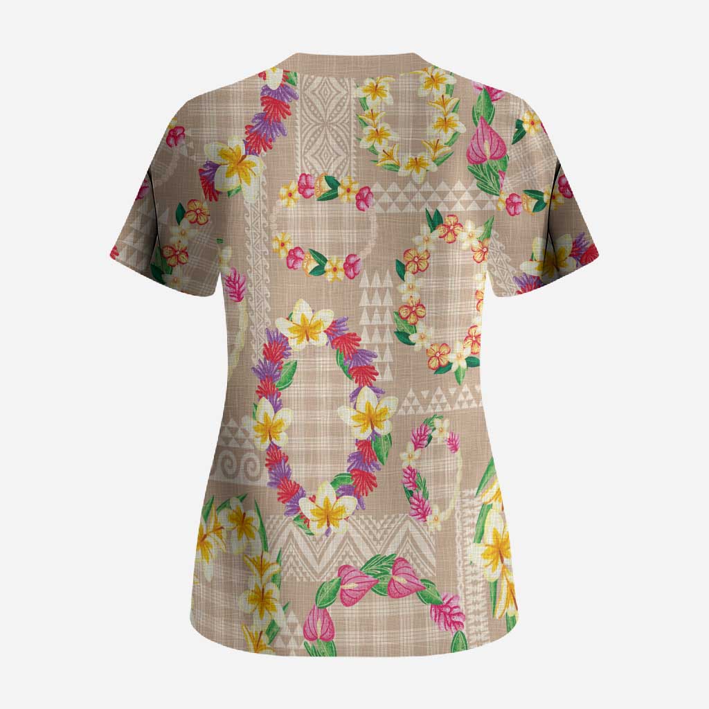 Hawaiian Kakau Tattoo Leis and Palaka Pattern Scrub Top Traditional Aloha Tribal Beige Color
