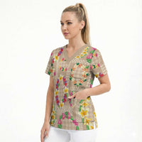 Hawaiian Kakau Tattoo Leis and Palaka Pattern Scrub Top Traditional Aloha Tribal Beige Color