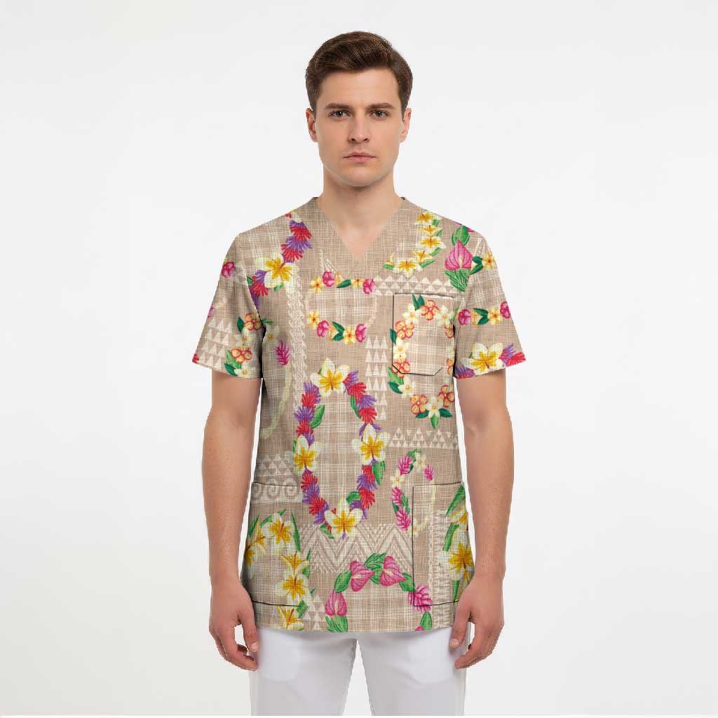 Hawaiian Kakau Tattoo Leis and Palaka Pattern Scrub Top Traditional Aloha Tribal Beige Color