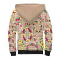 Hawaiian Kakau Tattoo Leis and Palaka Pattern Sherpa Hoodie Traditional Aloha Tribal Beige Color