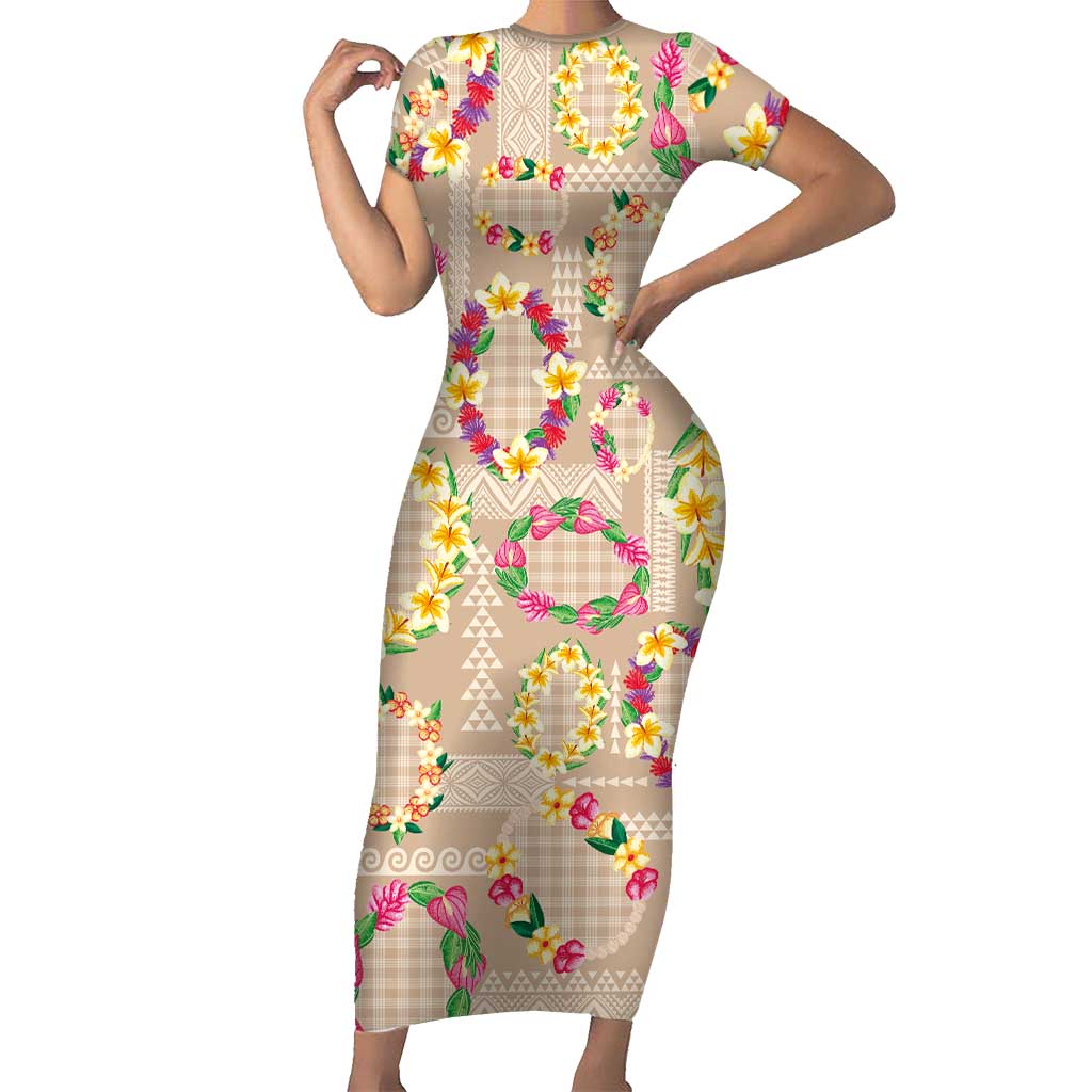 Hawaiian Kakau Tattoo Leis and Palaka Pattern Short Sleeve Bodycon Dress Traditional Aloha Tribal Beige Color LT03 Long Dress Beige - Polynesian Pride