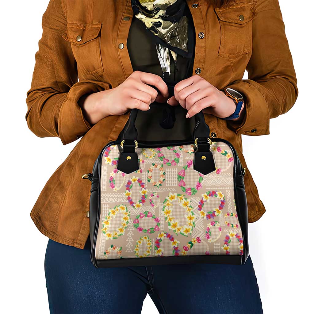 Hawaiian Kakau Tattoo Leis and Palaka Pattern Shoulder Handbag Traditional Aloha Tribal Beige Color