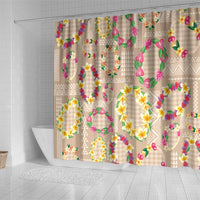 Hawaiian Kakau Tattoo Leis and Palaka Pattern Shower Curtain Traditional Aloha Tribal Beige Color