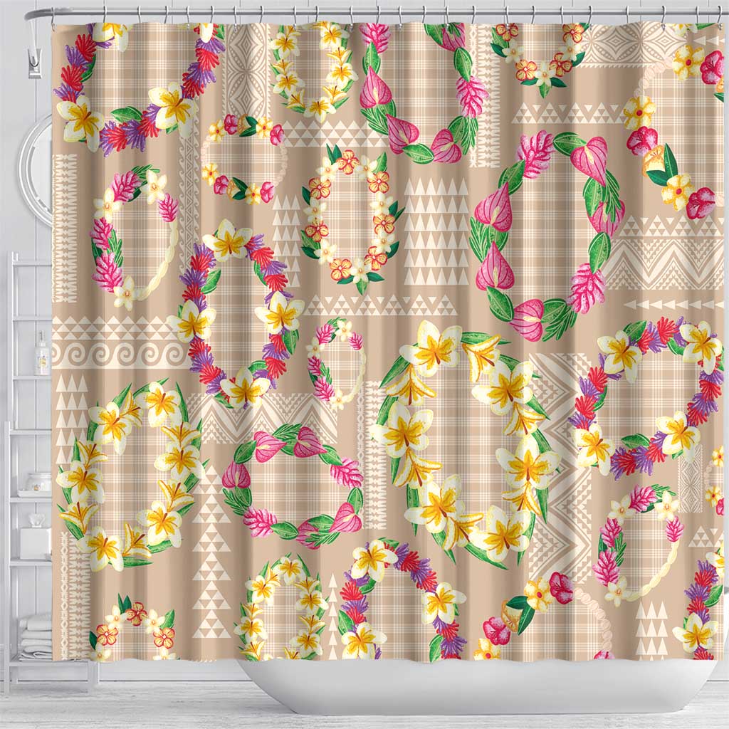 Hawaiian Kakau Tattoo Leis and Palaka Pattern Shower Curtain Traditional Aloha Tribal Beige Color