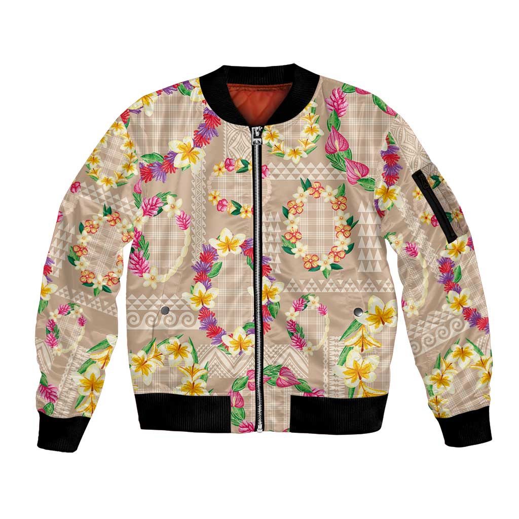 Hawaiian Kakau Tattoo Leis and Palaka Pattern Sleeve Zip Bomber Jacket Traditional Aloha Tribal Beige Color