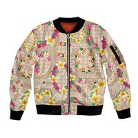 Hawaiian Kakau Tattoo Leis and Palaka Pattern Sleeve Zip Bomber Jacket Traditional Aloha Tribal Beige Color