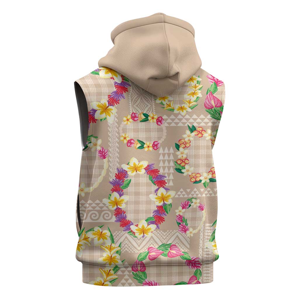 Hawaiian Kakau Tattoo Leis and Palaka Pattern Sleeveless Hoodie Traditional Aloha Tribal Beige Color