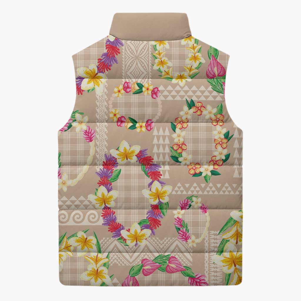 Hawaiian Kakau Tattoo Leis and Palaka Pattern Sleeveless Puffer Jacket Traditional Aloha Tribal Beige Color