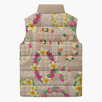 Hawaiian Kakau Tattoo Leis and Palaka Pattern Sleeveless Puffer Jacket Traditional Aloha Tribal Beige Color
