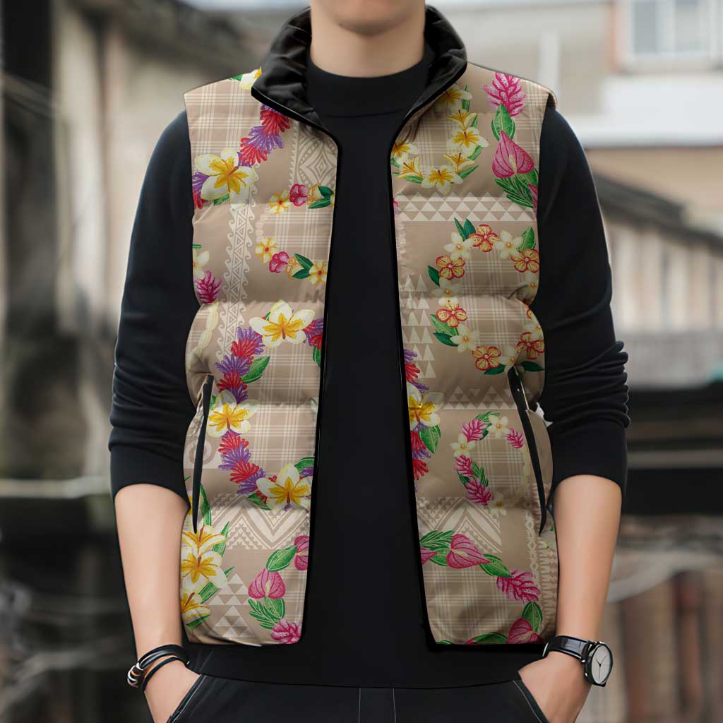 Hawaiian Kakau Tattoo Leis and Palaka Pattern Sleeveless Puffer Jacket Traditional Aloha Tribal Beige Color