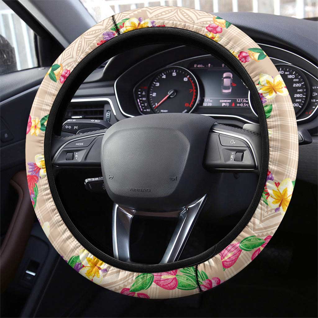 Hawaiian Kakau Tattoo Leis and Palaka Pattern Steering Wheel Cover Traditional Aloha Tribal Beige Color