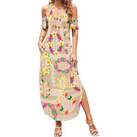 Hawaiian Kakau Tattoo Leis and Palaka Pattern Summer Maxi Dress Traditional Aloha Tribal Beige Color