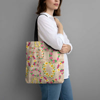 Hawaiian Kakau Tattoo Leis and Palaka Pattern Tote Bag Traditional Aloha Tribal Beige Color