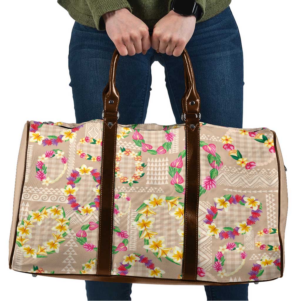 Hawaiian Kakau Tattoo Leis and Palaka Pattern Travel Bag Traditional Aloha Tribal Beige Color
