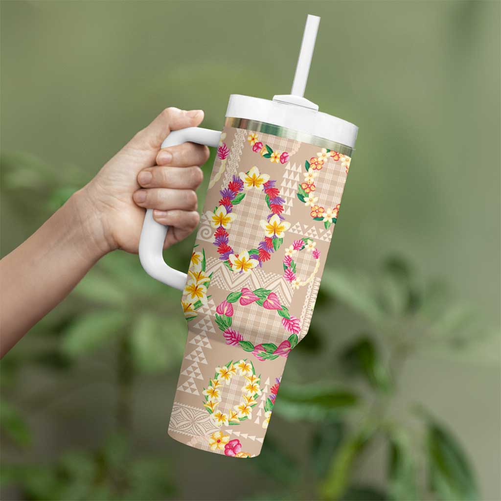 Hawaiian Kakau Tattoo Leis and Palaka Pattern Tumbler With Handle Traditional Aloha Tribal Beige Color