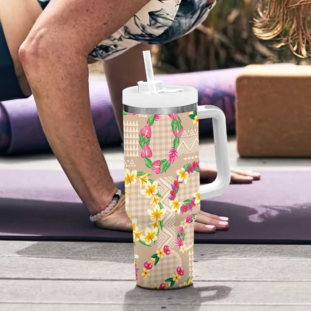 Hawaiian Kakau Tattoo Leis and Palaka Pattern Tumbler With Handle Traditional Aloha Tribal Beige Color