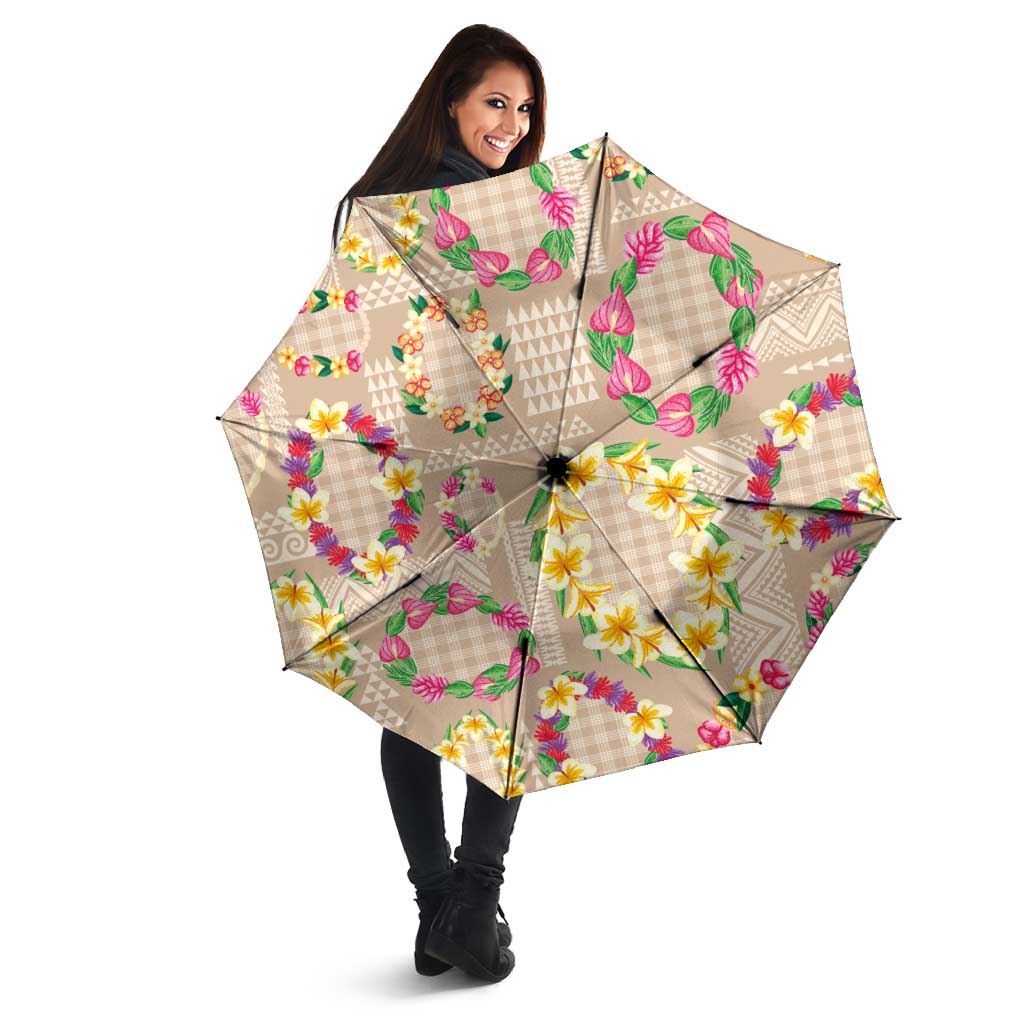 Hawaiian Kakau Tattoo Leis and Palaka Pattern Umbrella Traditional Aloha Tribal Beige Color