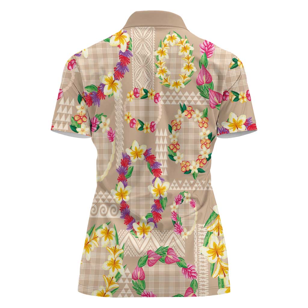 Hawaiian Kakau Tattoo Leis and Palaka Pattern Women Polo Shirt Traditional Aloha Tribal Beige Color LT03 - Polynesian Pride