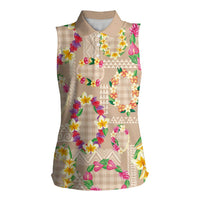 Hawaiian Kakau Tattoo Leis and Palaka Pattern Women Sleeveless Polo Shirt Traditional Aloha Tribal Beige Color