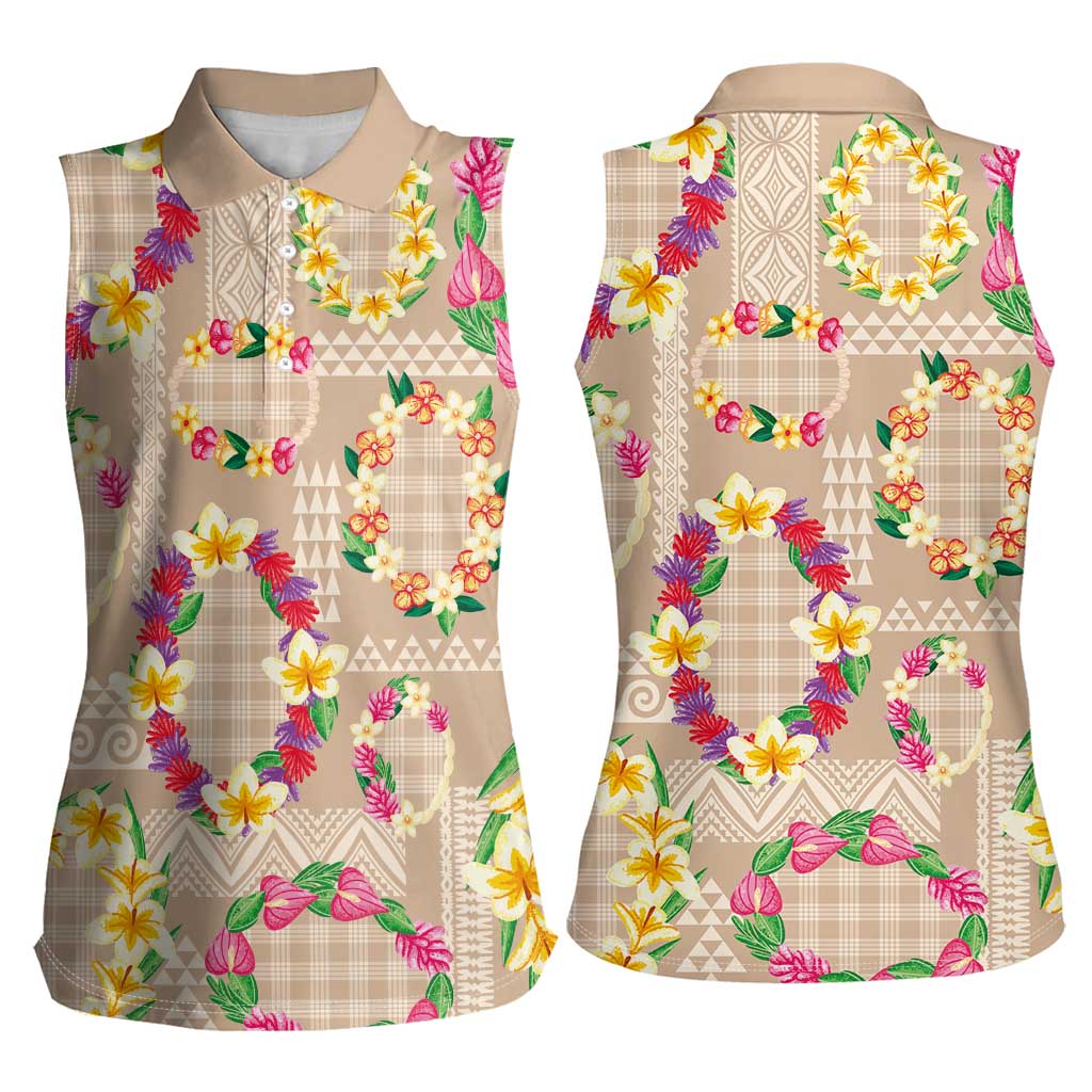 Hawaiian Kakau Tattoo Leis and Palaka Pattern Women Sleeveless Polo Shirt Traditional Aloha Tribal Beige Color