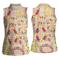 Hawaiian Kakau Tattoo Leis and Palaka Pattern Women Sleeveless Polo Shirt Traditional Aloha Tribal Beige Color