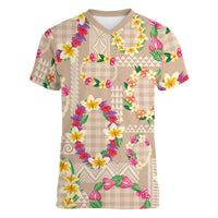 Hawaiian Kakau Tattoo Leis and Palaka Pattern Women V-Neck T-Shirt Traditional Aloha Tribal Beige Color LT03 Female Beige - Polynesian Pride