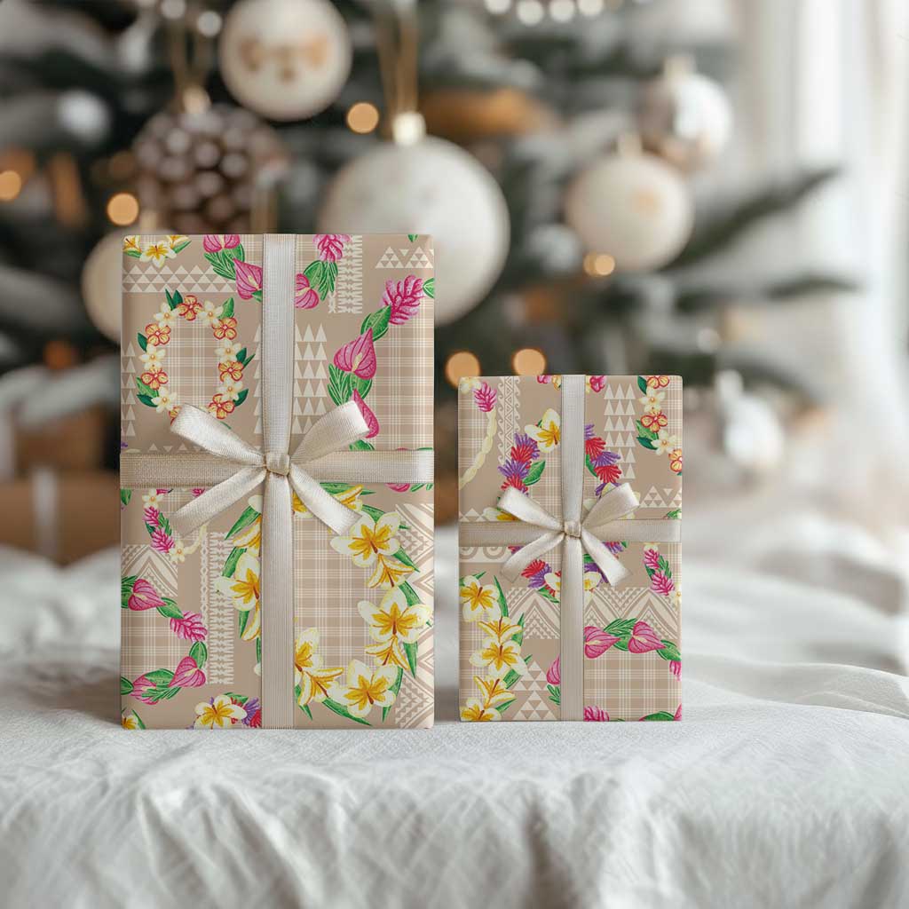 Hawaiian Kakau Tattoo Leis and Palaka Pattern Wrapping Paper Traditional Aloha Tribal Beige Color