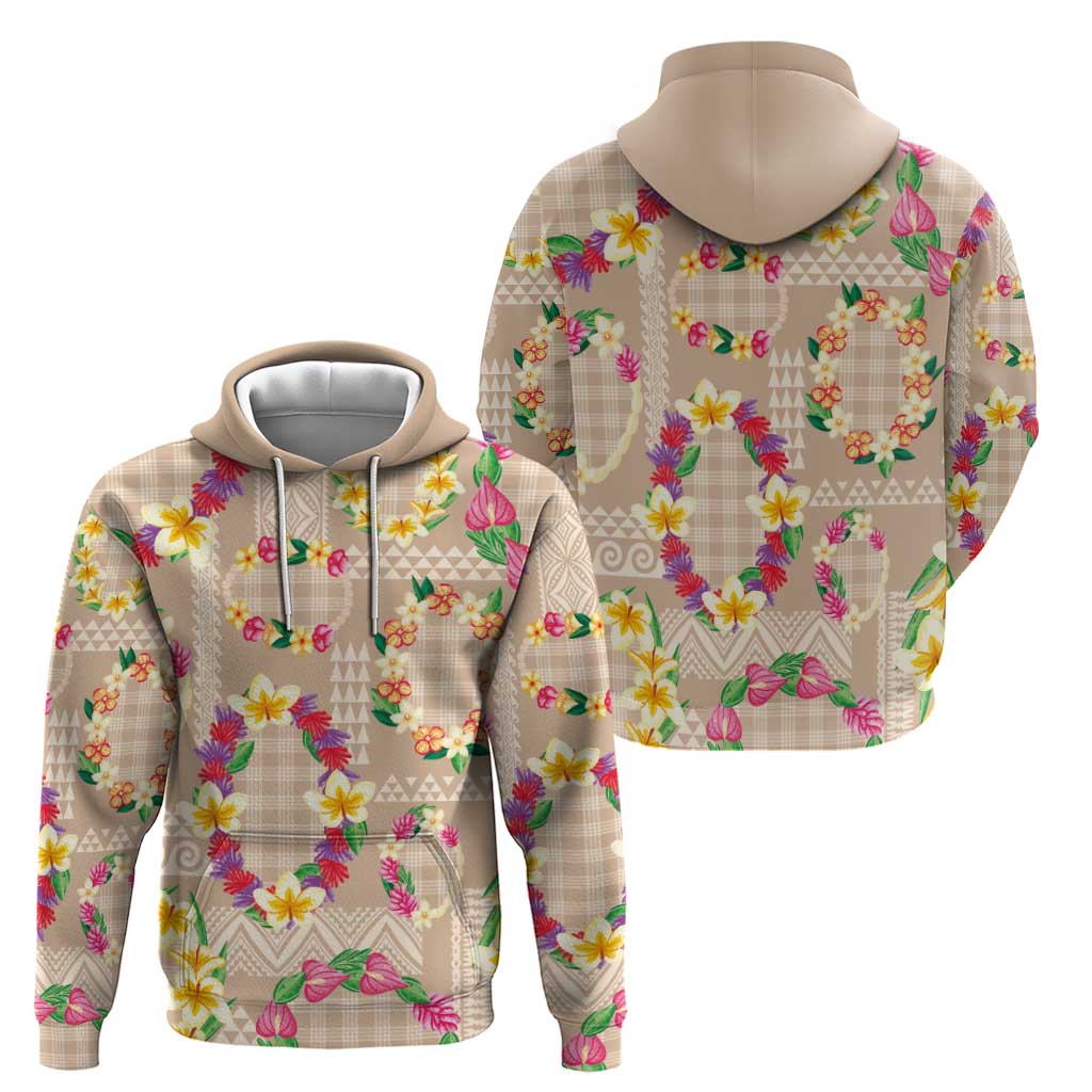 Hawaiian Kakau Tattoo Leis and Palaka Pattern Zip Hoodie Traditional Aloha Tribal Beige Color