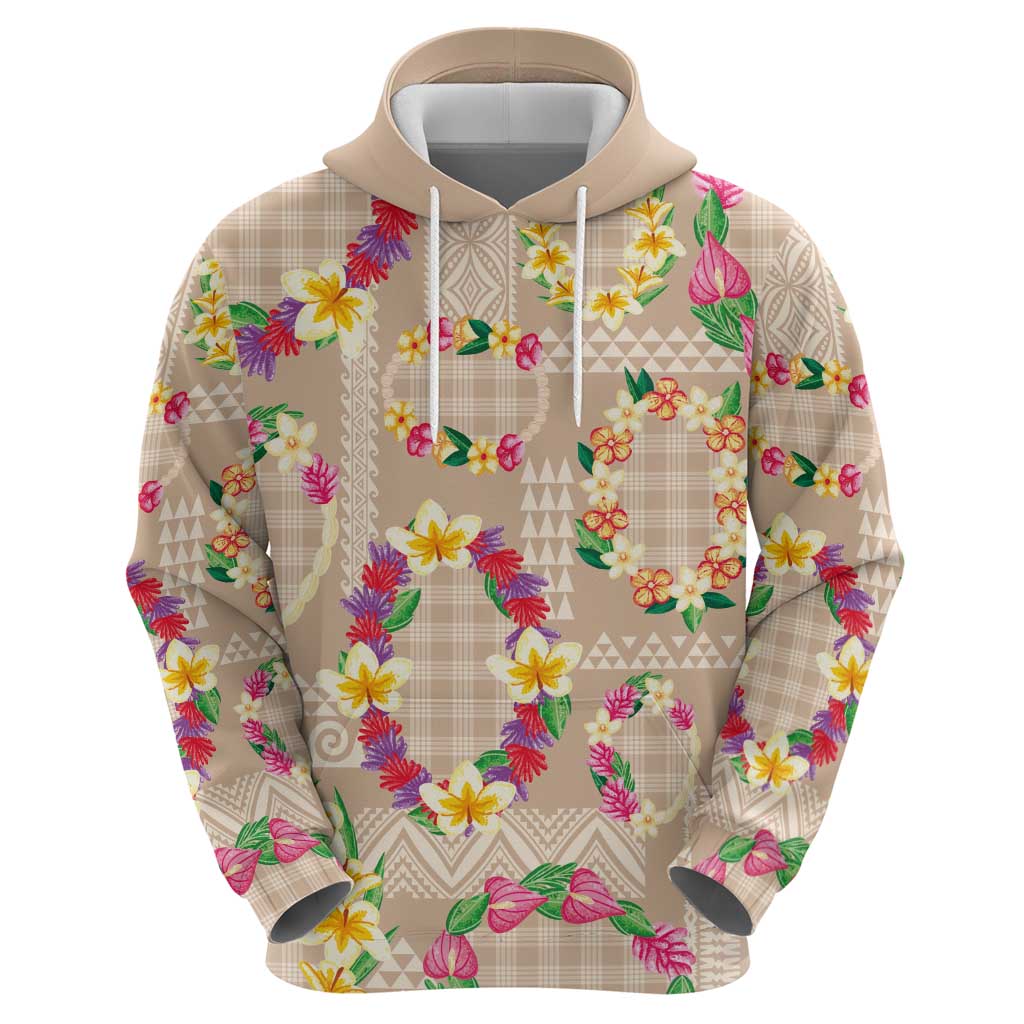 Hawaiian Kakau Tattoo Leis and Palaka Pattern Zip Hoodie Traditional Aloha Tribal Beige Color