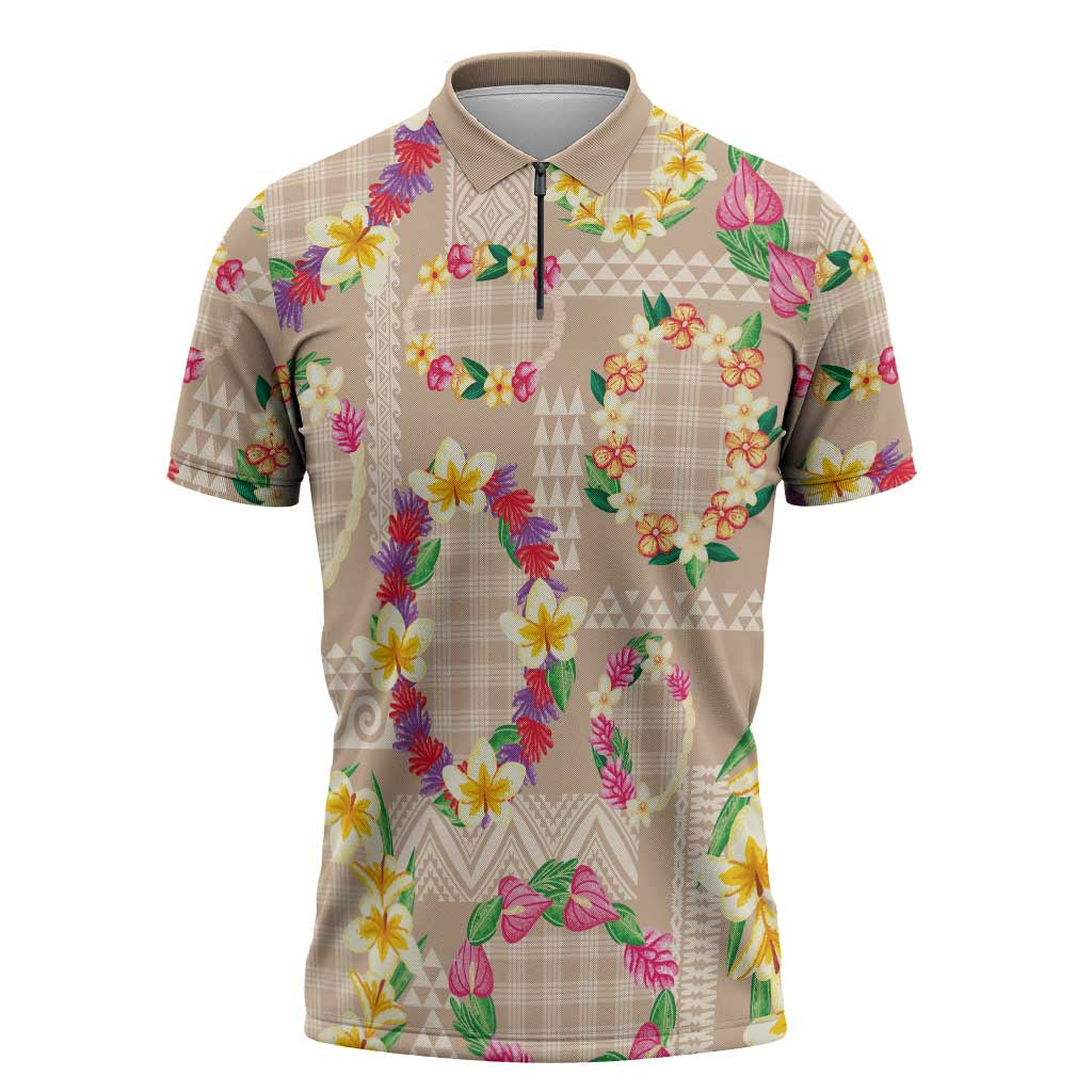 Hawaiian Kakau Tattoo Leis and Palaka Pattern Zipper Polo Shirt Traditional Aloha Tribal Beige Color