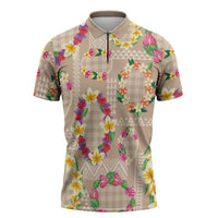 Hawaiian Kakau Tattoo Leis and Palaka Pattern Zipper Polo Shirt Traditional Aloha Tribal Beige Color