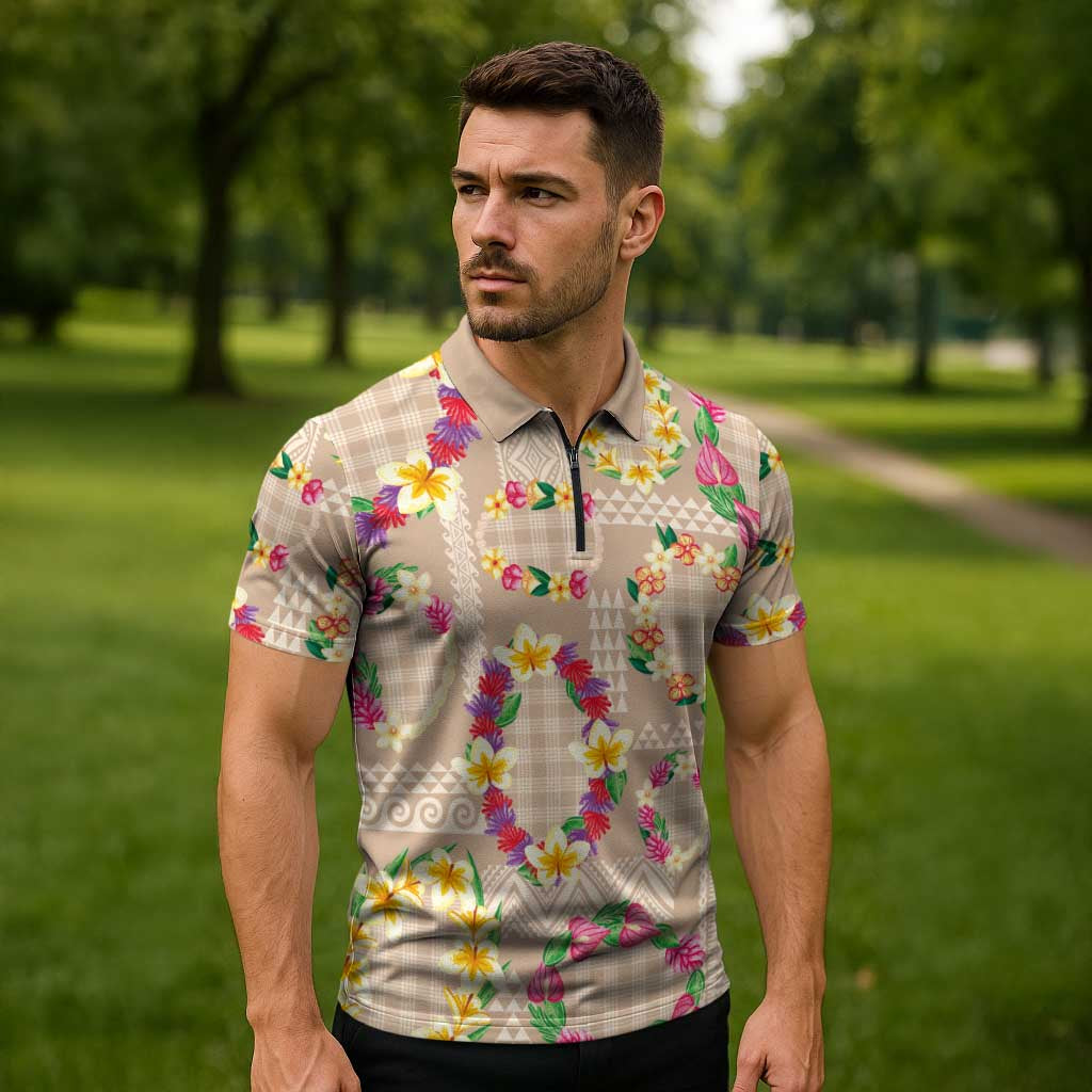 Hawaiian Kakau Tattoo Leis and Palaka Pattern Zipper Polo Shirt Traditional Aloha Tribal Beige Color
