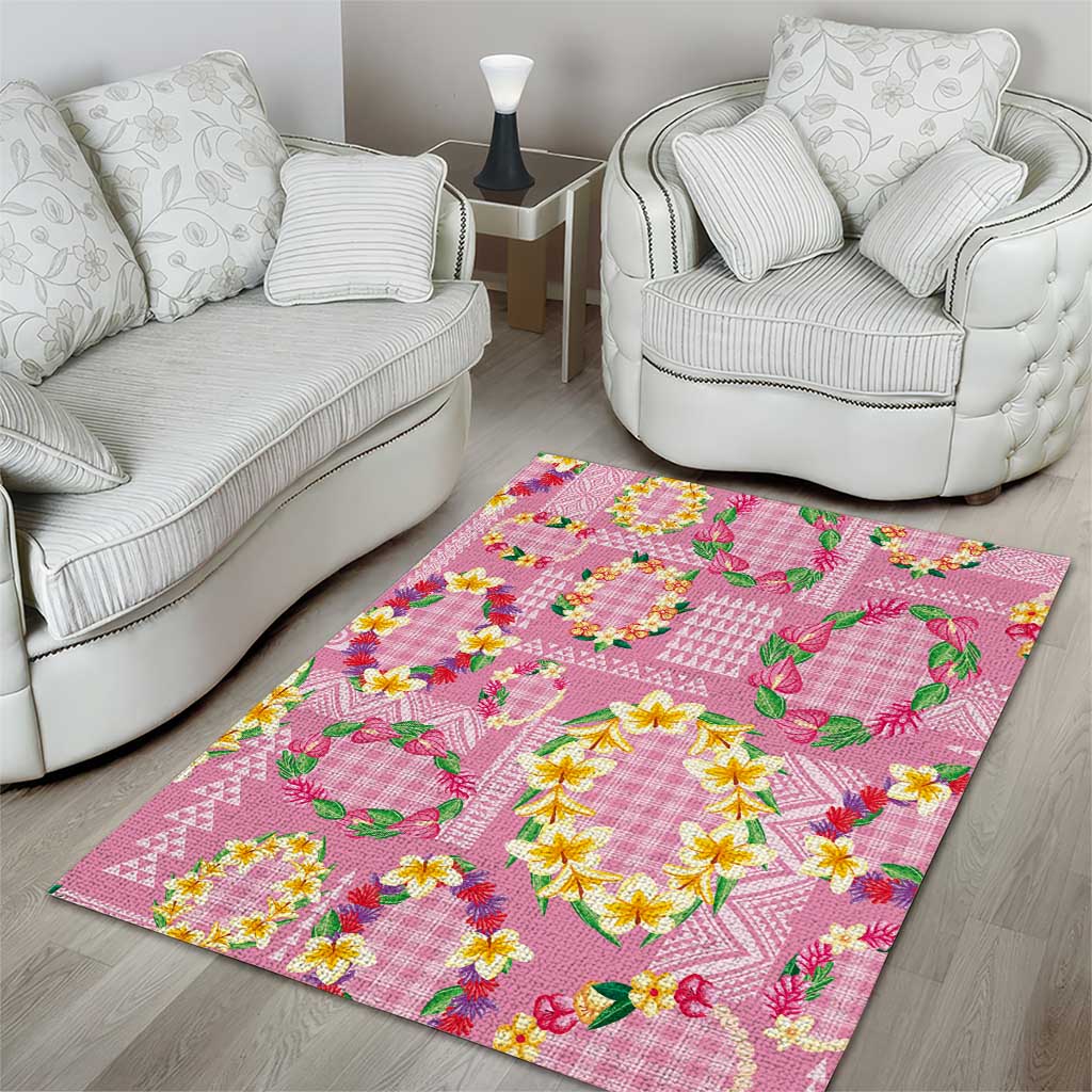 Hawaiian Leis Area Rug Kakau Tattoos and Palaka Pastel Pink Color