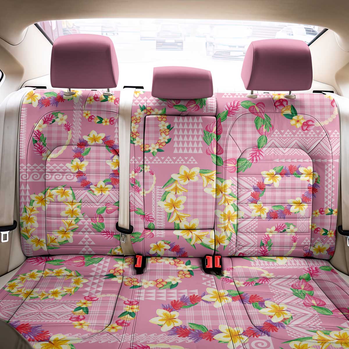 Hawaiian Leis Back Car Seat Cover Kakau Tattoos and Palaka Pastel Pink Color