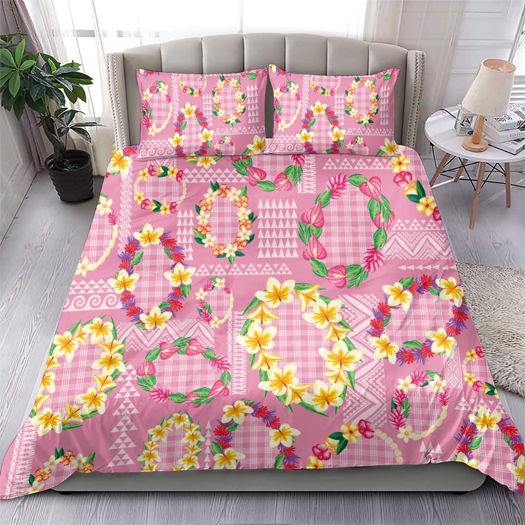 Hawaiian Leis Bedding Set Kakau Tattoos and Palaka Pastel Pink Color