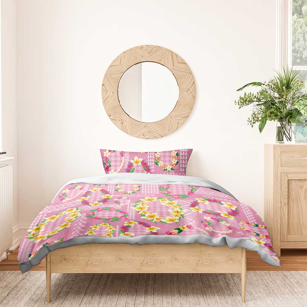 Hawaiian Leis Bedding Set Kakau Tattoos and Palaka Pastel Pink Color