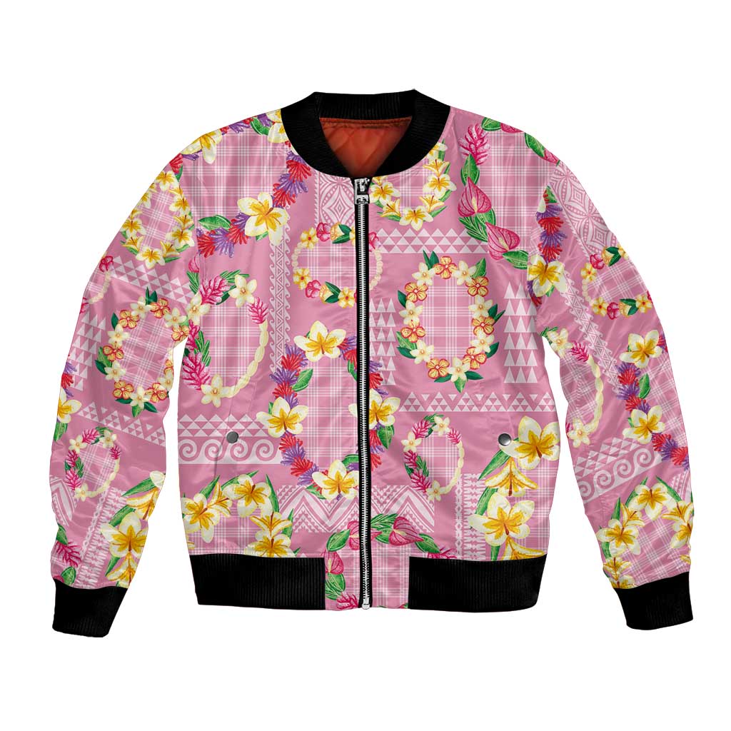 Hawaiian Leis Bomber Jacket Kakau Tattoos and Palaka Pastel Pink Color