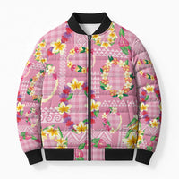 Hawaiian Leis Bomber Puffer Jacket Kakau Tattoos and Palaka Pastel Pink Color