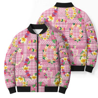 Hawaiian Leis Bomber Puffer Jacket Kakau Tattoos and Palaka Pastel Pink Color