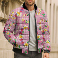Hawaiian Leis Bomber Puffer Jacket Kakau Tattoos and Palaka Pastel Pink Color