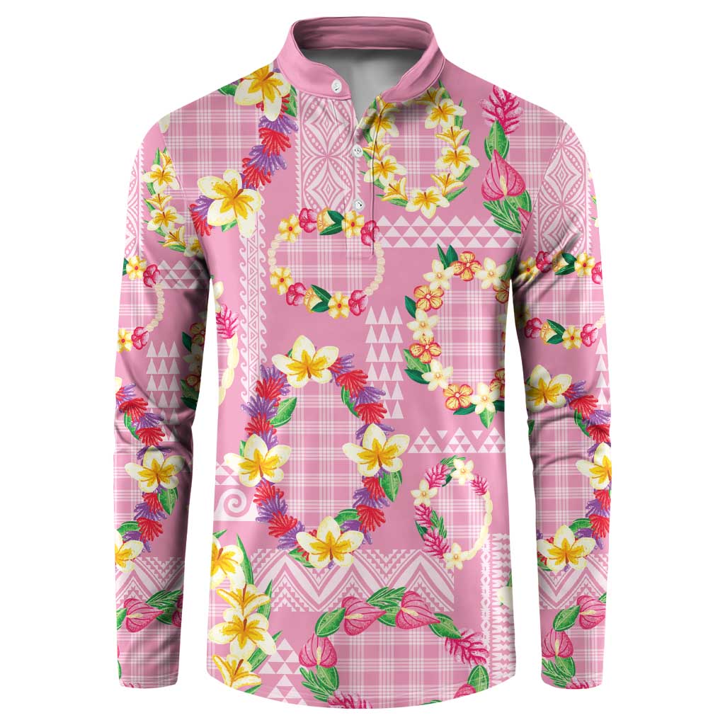Hawaiian Leis Button Sweatshirt Kakau Tattoos and Palaka Pastel Pink Color