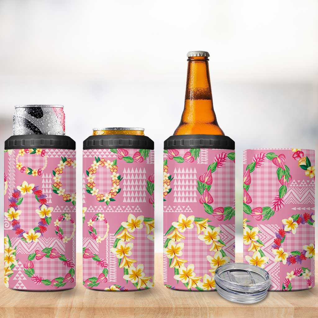 Hawaiian Leis 4 in 1 Can Cooler Tumbler Kakau Tattoos and Palaka Pastel Pink Color