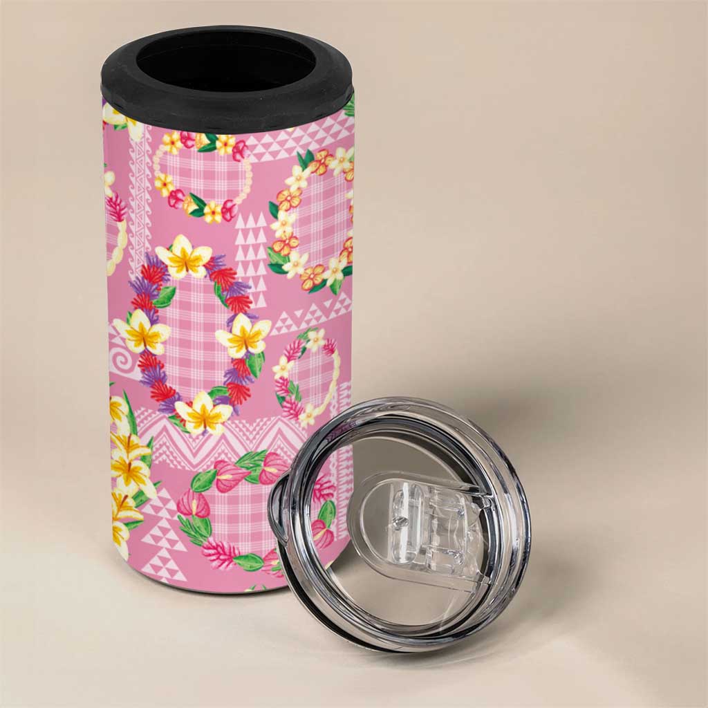 Hawaiian Leis 4 in 1 Can Cooler Tumbler Kakau Tattoos and Palaka Pastel Pink Color
