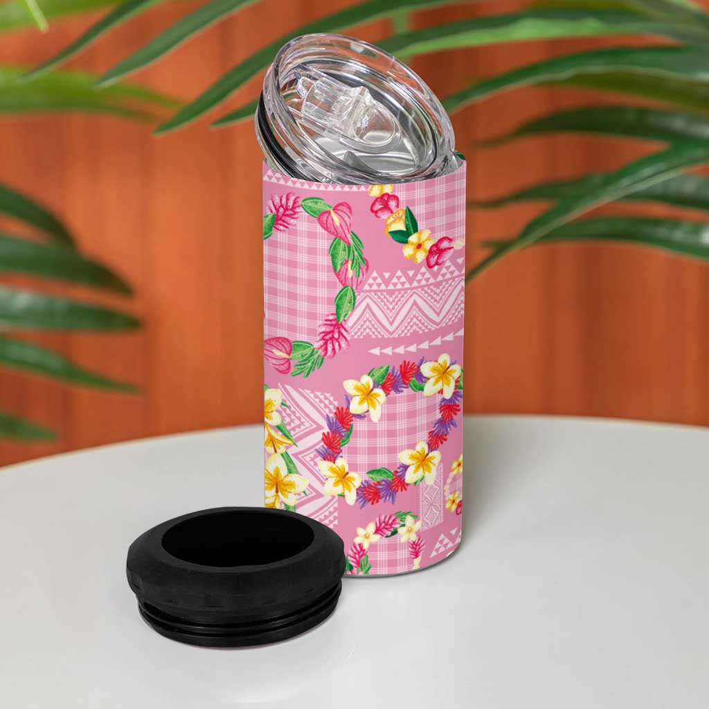Hawaiian Leis 4 in 1 Can Cooler Tumbler Kakau Tattoos and Palaka Pastel Pink Color