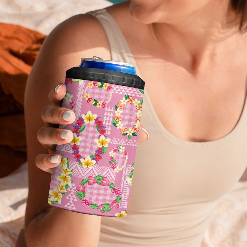 Hawaiian Leis 4 in 1 Can Cooler Tumbler Kakau Tattoos and Palaka Pastel Pink Color