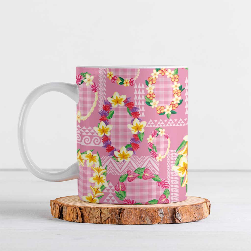 Hawaiian Leis Ceramic Mug Kakau Tattoos and Palaka Pastel Pink Color