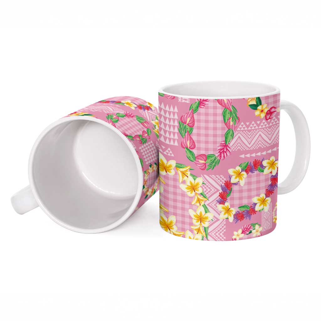 Hawaiian Leis Ceramic Mug Kakau Tattoos and Palaka Pastel Pink Color