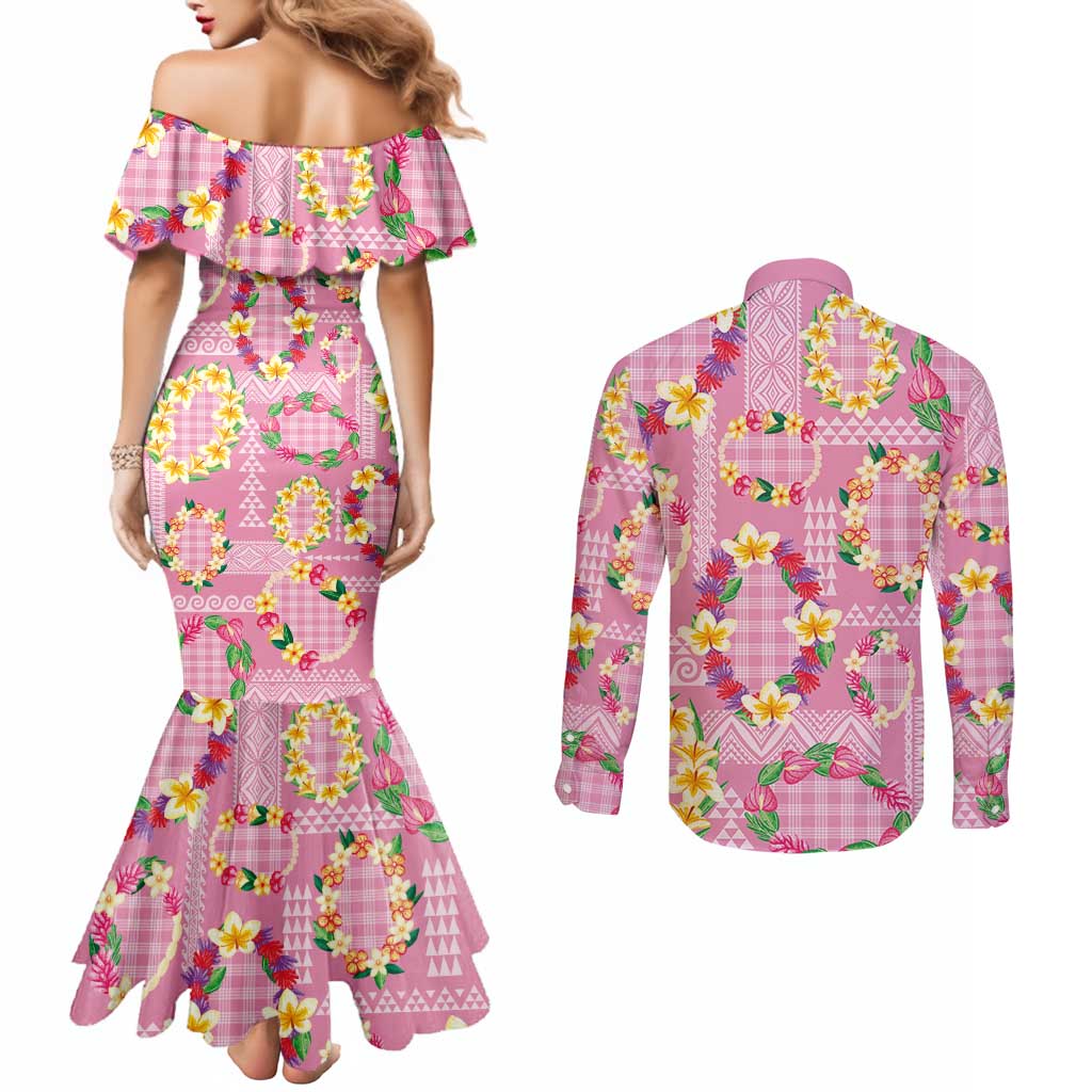 Hawaiian Leis Couples Matching Mermaid Dress and Long Sleeve Button Shirt Kakau Tattoos and Palaka Pastel Pink Color LT03 - Polynesian Pride